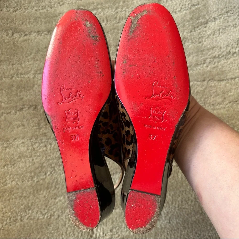 Christian Louboutin Cynthia Brown Leopard Patent Wedge Slingback Sandals IT 37